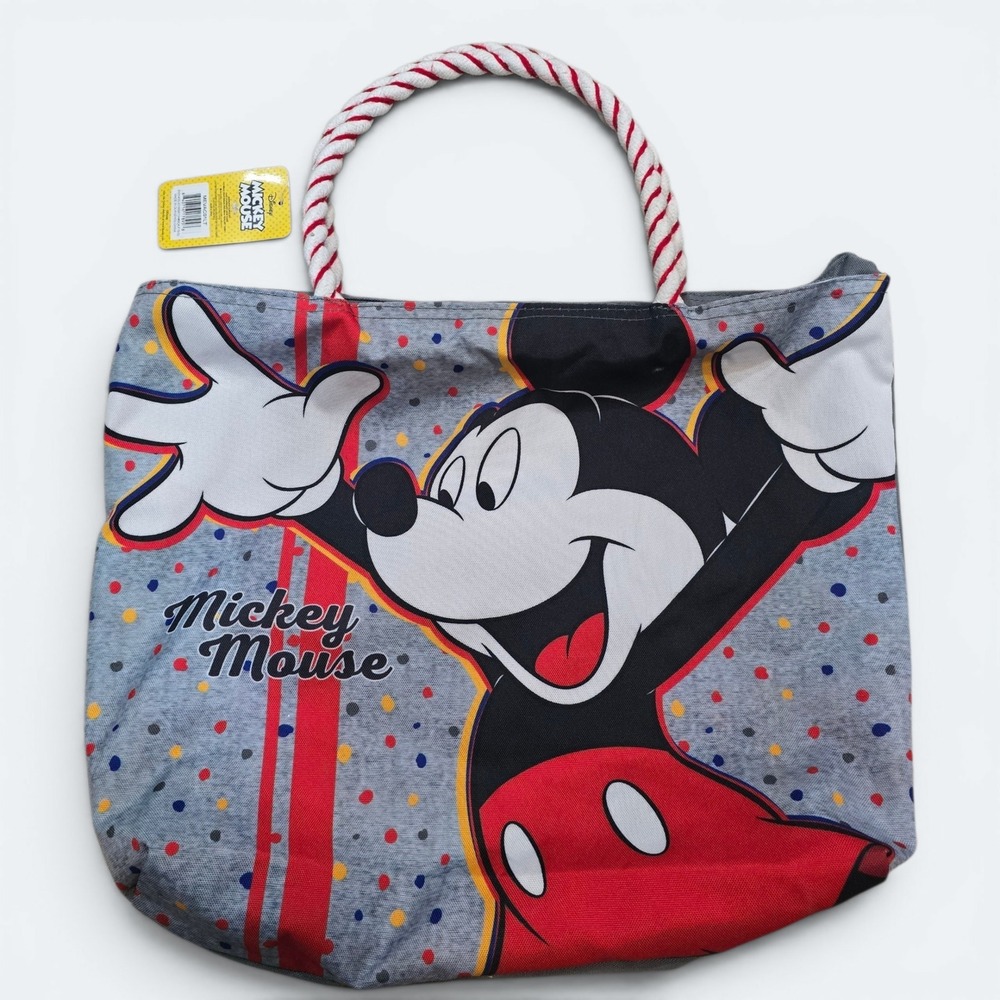 Disney Mickey Mouse Canvas Tote Bag Gray Polka Dot Red White Rope Handles